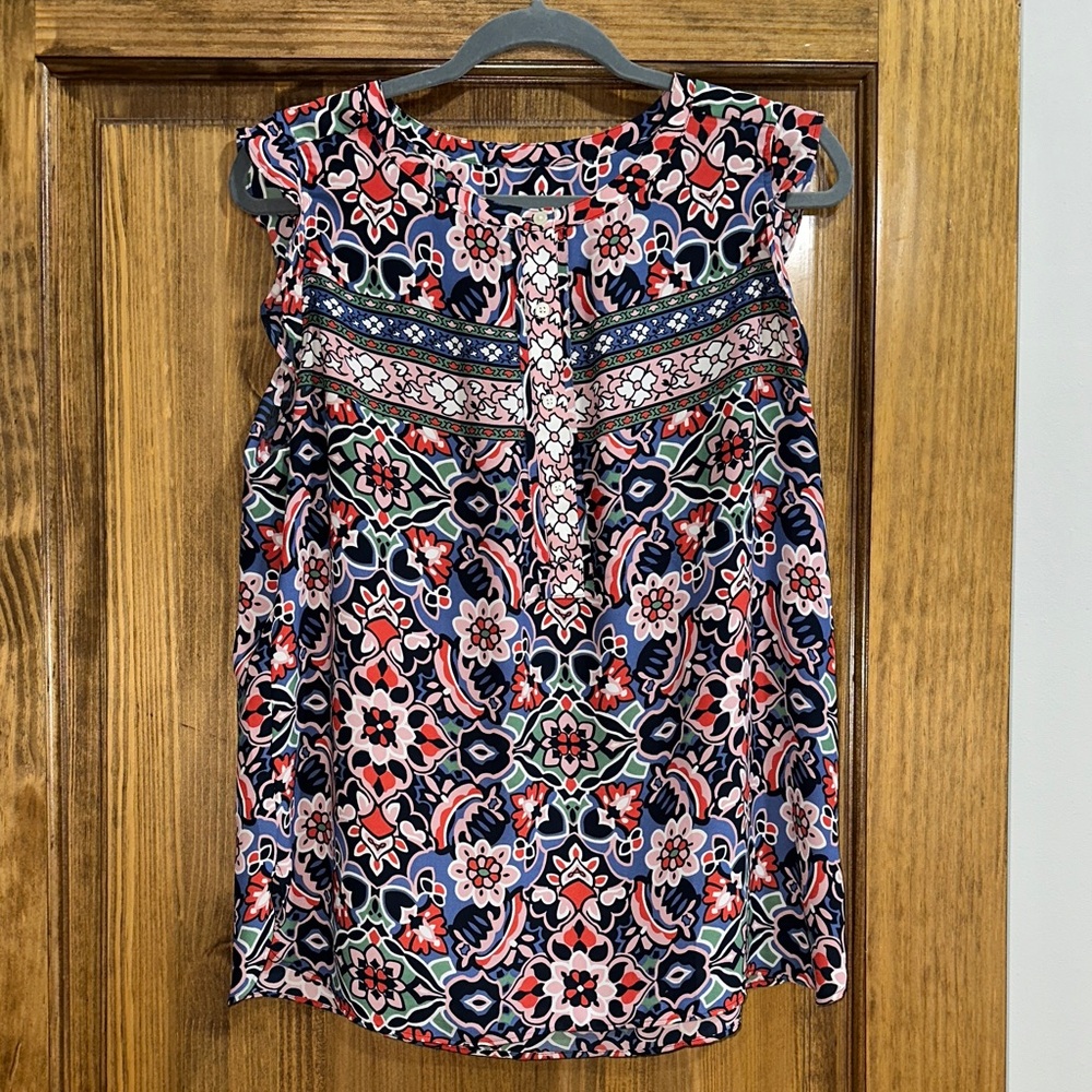 LOFT Navy Floral-Print Sleeveless Top with Coral & Pink Accents